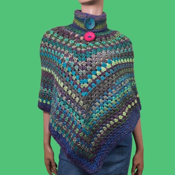 Vintage Crochet Poncho Size XS Handmade Striped Green Purple Blue Hippie Boho - Picture 1 of 8